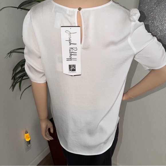 Joseph Ribkoff White Satin-Shine Blouse with Ruched Sleeves - Picture 3 of 9